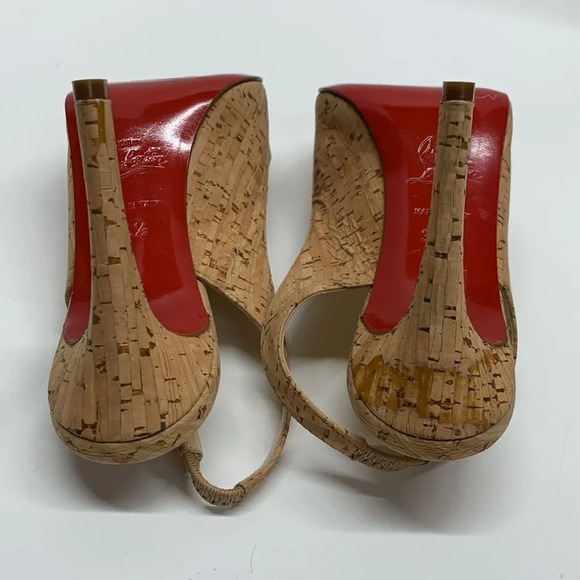 Christian Louboutin Peep Toe Sling Back Light Brown Cork Heels Size 35.5 | 5.5 - Picture 9 of 14